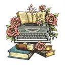 books, keyboard, flowers intertwined tattoo design idea