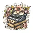 books, keyboard, flowers intertwined tattoo design idea