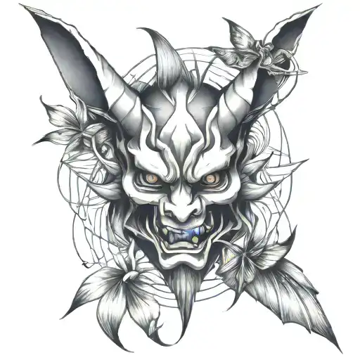 An oni mask and a paper crane bird tattoo design idea