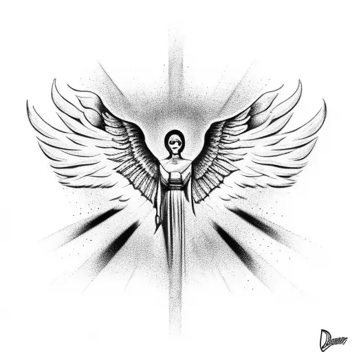 Angel wings in the background, with lettering reading "Curado por Deus" tattoo design idea