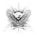 Eagle wings in the background, with lettering reading "Curado por Deus" tattoo design idea