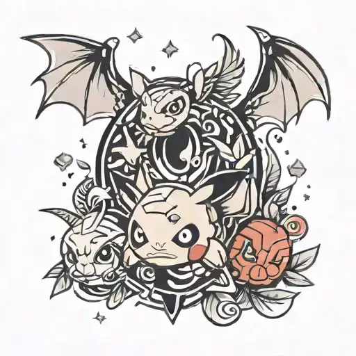 a tattoo stencil design with Pokémon all over it  tattoo design idea