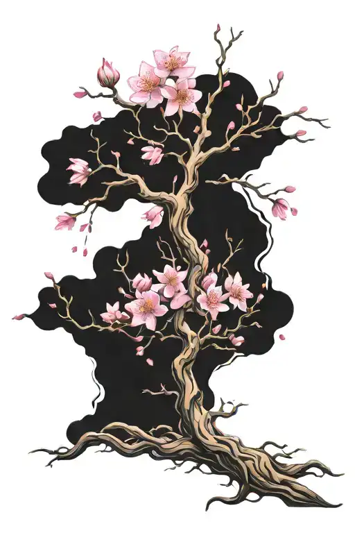 hearts and stars flaming cherry blossom tree tattoo design idea