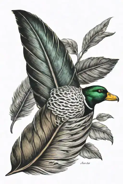 mallard curl feather with amber dog eye tattoo design idea