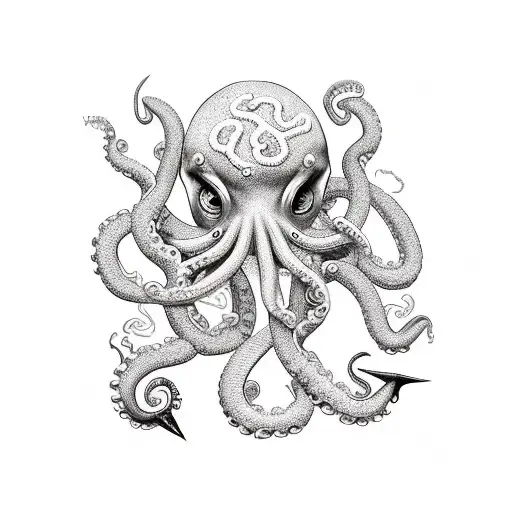 anchor with a steering wheel at the top and octopus tentacles going through the wheel it and coral reefs at the bottom tattoo design idea