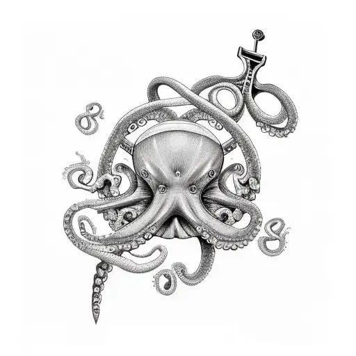 anchor with a steering wheel at the top and an octopus in it and corals at the bottom tattoo design idea