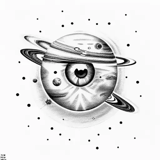 planets with stars, surrounded by clouds and chairs, and a realistic female eye tattoo design idea