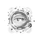planets with stars, surrounded by clouds and chairs, and a realistic female eye tattoo design idea
