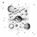 planets with stars, surrounded by clouds and chairs, and a realistic female eye tattoo design idea