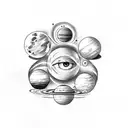 planets with stars, surrounded by clouds and chairs, and a realistic female eye tattoo design idea