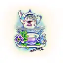 alice in wonderland, violets, tea cups, pocket watch, playing cards, scary tattoo design idea