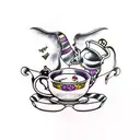 alice in wonderland, violets, tea cups, pocket watch, playing cards, scary tattoo design idea