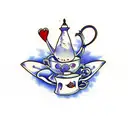 alice in wonderland, violets, tea cups, pocket watch, playing cards, scary tattoo design idea
