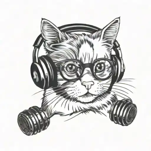 A blackwork tattoo of a cat and a guinea pig wearing headphones and listening to music together tattoo design idea