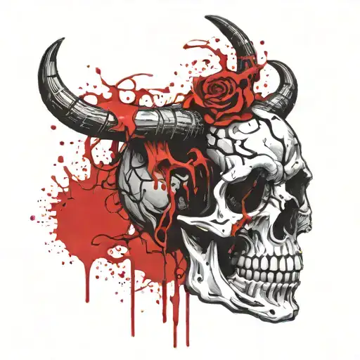 Dark burnt Satanic Skull with horns, cracked and bleeding. melting downwards with melting Blood red upsidedown crucifix. tattoo design idea