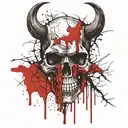 Dark burnt Satanic Skull with horns, cracked and bleeding. melting downwards with melting Blood red upsidedown crucifix. tattoo design idea