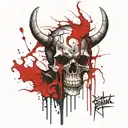 Dark burnt Satanic Skull with horns, cracked and bleeding. melting downwards with melting Blood red upsidedown crucifix. tattoo design idea