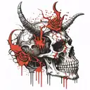 Dark burnt Satanic Skull with horns, cracked and bleeding. melting downwards with melting Blood red upsidedown crucifix. tattoo design idea
