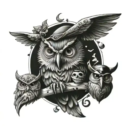 owl and goblins with Peter Pan and pirates tattoo design idea
