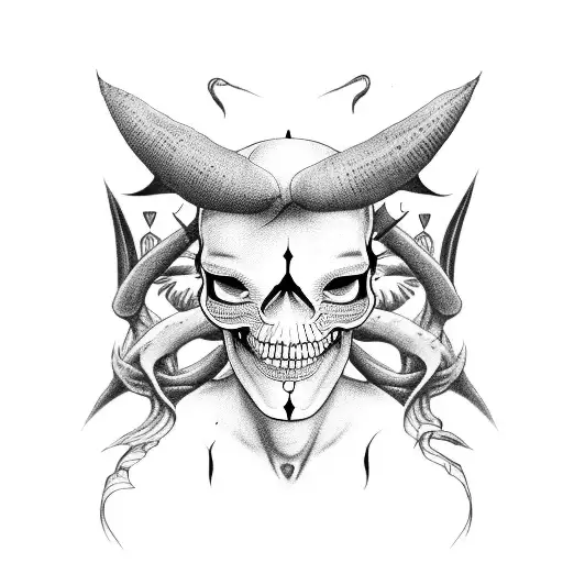 man pealing his skin of his head. beneath is skull with devil horn tattoo design idea