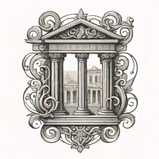Create a minimalist sleeve tattoo featuring intricate Greek letters intertwined with architectural elements tattoo design idea
