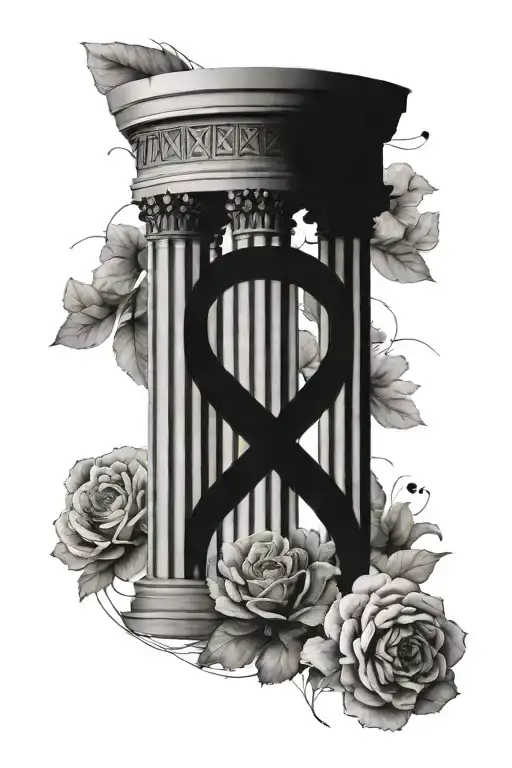 Create a minimalist sleeve tattoo featuring intricate Greek letters intertwined with architectural elements tattoo design idea