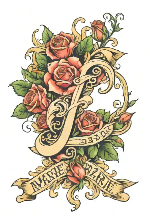the name "Marie" with roses around it  tattoo design idea