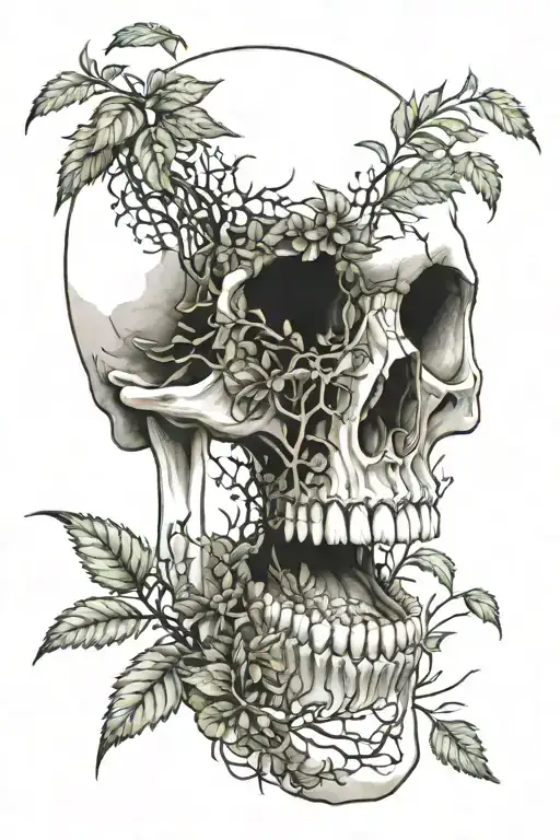A skull with and open mouth with plants growing inside its mouth and eye sockets tattoo design idea