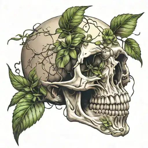 A skull with and open mouth with plants growing inside its mouth and eye sockets tattoo design idea