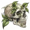 A skull with and open mouth with plants growing inside its mouth and eye sockets tattoo design idea