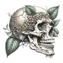 A skull with and open mouth with plants growing inside its mouth and eye sockets tattoo design idea