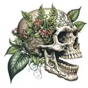A skull with and open mouth with plants growing inside its mouth and eye sockets tattoo design idea