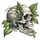 A skull with and open mouth with plants growing inside its mouth and eye sockets tattoo design idea