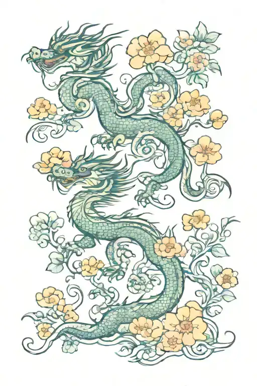 flowers dragons asian style  tattoo design idea