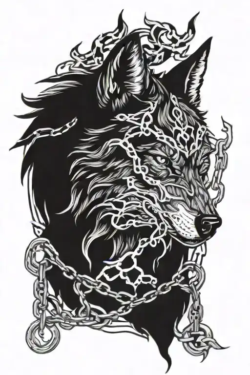 Wolf head with chains and flames surrounding it rittled with skulls tattoo design idea