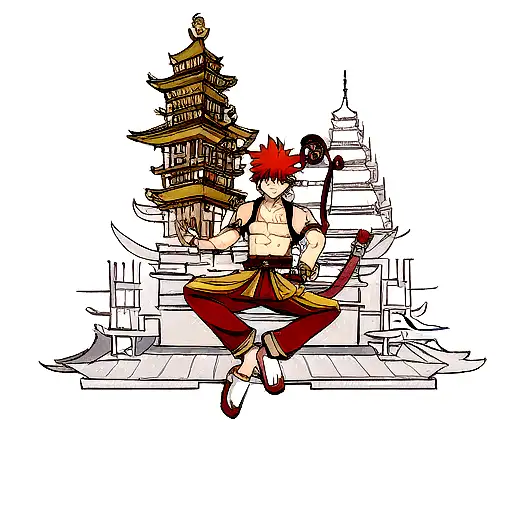 sun wukong with a pagoda in the background tattoo design idea