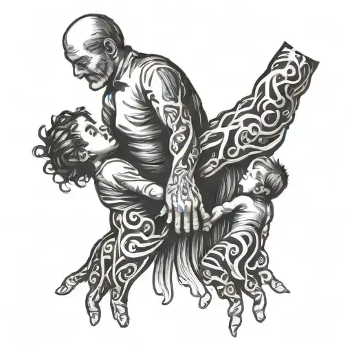 A tattoo design of a mother and father holding hands with their two children, symbolizing unity and love within the family tattoo design idea