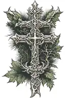 cross with crown of thorns and evergreen forest in background  tattoo design idea