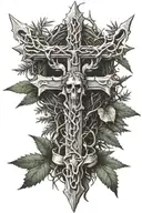 cross with crown of thorns and evergreen forest in background  tattoo design idea