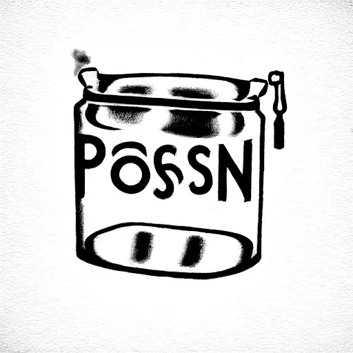 poison bottle draw with a text in a straight line saying "차갑게 스며드는 poison" tattoo design idea