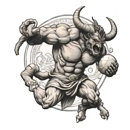 A Minotaur playing soccer, blending Greek mythology with sports tattoo design idea