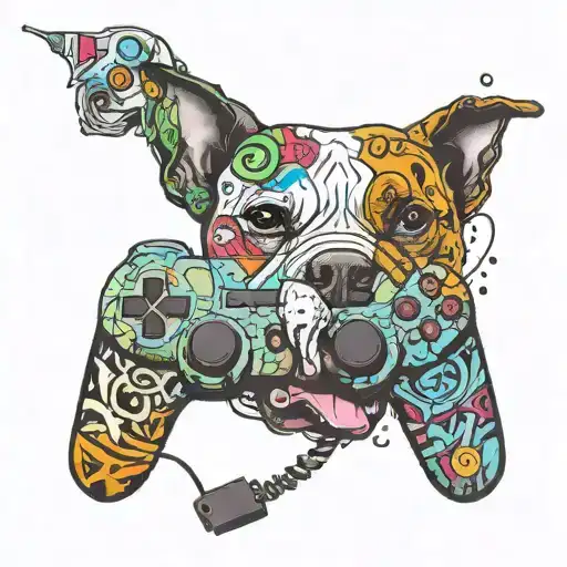 A gaming controller morphing into a graffiti spray can with a pitbull silhouette tattoo design idea