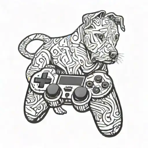 A gaming controller morphing into a graffiti spray can with a pitbull silhouette tattoo design idea