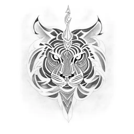 A fierce blackwork tattoo of a mythical creature inspired by mythology, featuring a majestic black tiger surrounded by intricate patterns. tattoo design idea