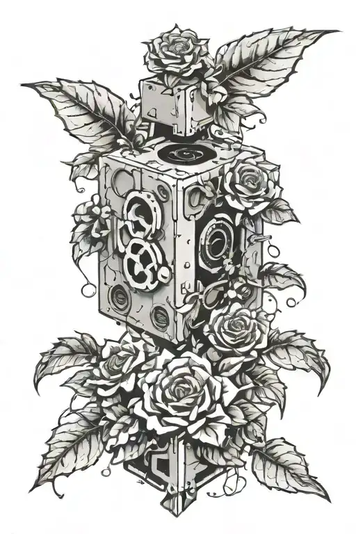 companion cube from portal games surrounded by vines/flowers wrapping around it tattoo design idea