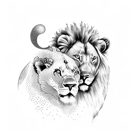 A dotwork depiction of a lion and a lamb lying together, symbolizing peace tattoo design idea