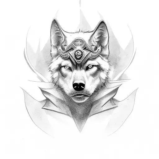 A black and grey portrait of a jester with a wolf's head tattoo design idea