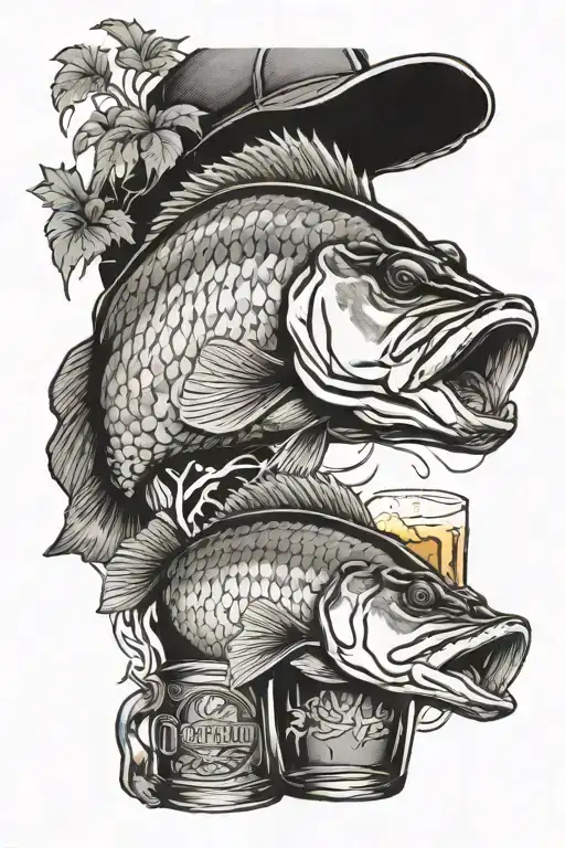 half arm sleeve with big mouth bass,beer glass,goose, old ford truck.   tattoo design idea