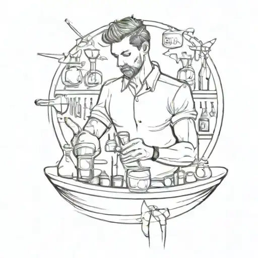 A black and grey sketch of a bartender mixing music-themed cocktails on the abdomen tattoo design idea