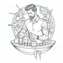 A black and grey sketch of a bartender mixing music-themed cocktails on the abdomen tattoo design idea